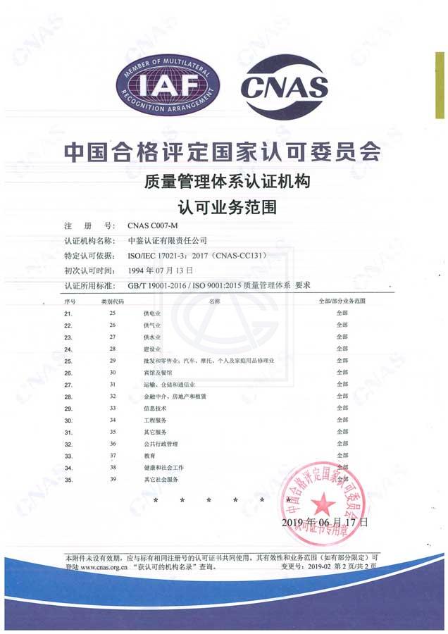 中国合格评定国家认可委员会（CNAS）认可证书附件（质量管理体系-2）